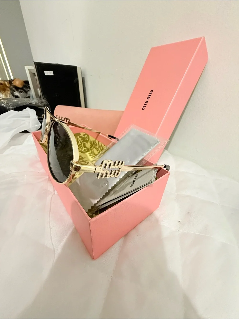 Miu Miu Gold Frame Black Lens Sunglasses with Pink Case